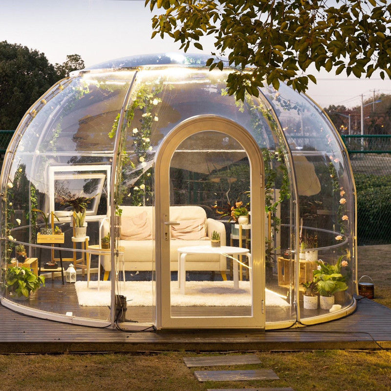 PC Casa Clear Dome Tendas de bolhas ao ar livre com janela de alumínio e luz LED
